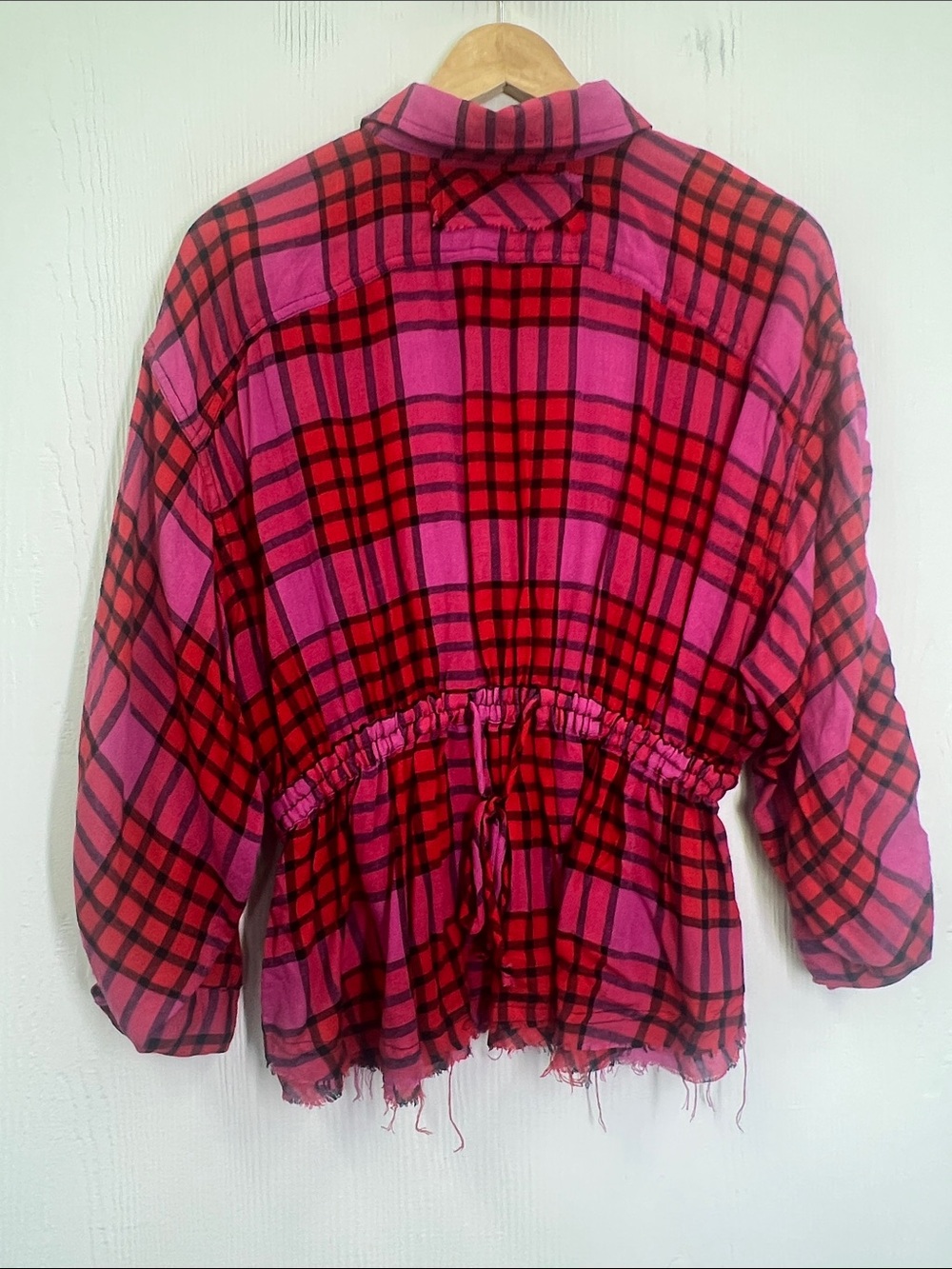 Free People - We The Free Pacific Dawn Pink Red Plaid Ruched Sleeve Blouse Small - Picture 12 of 13